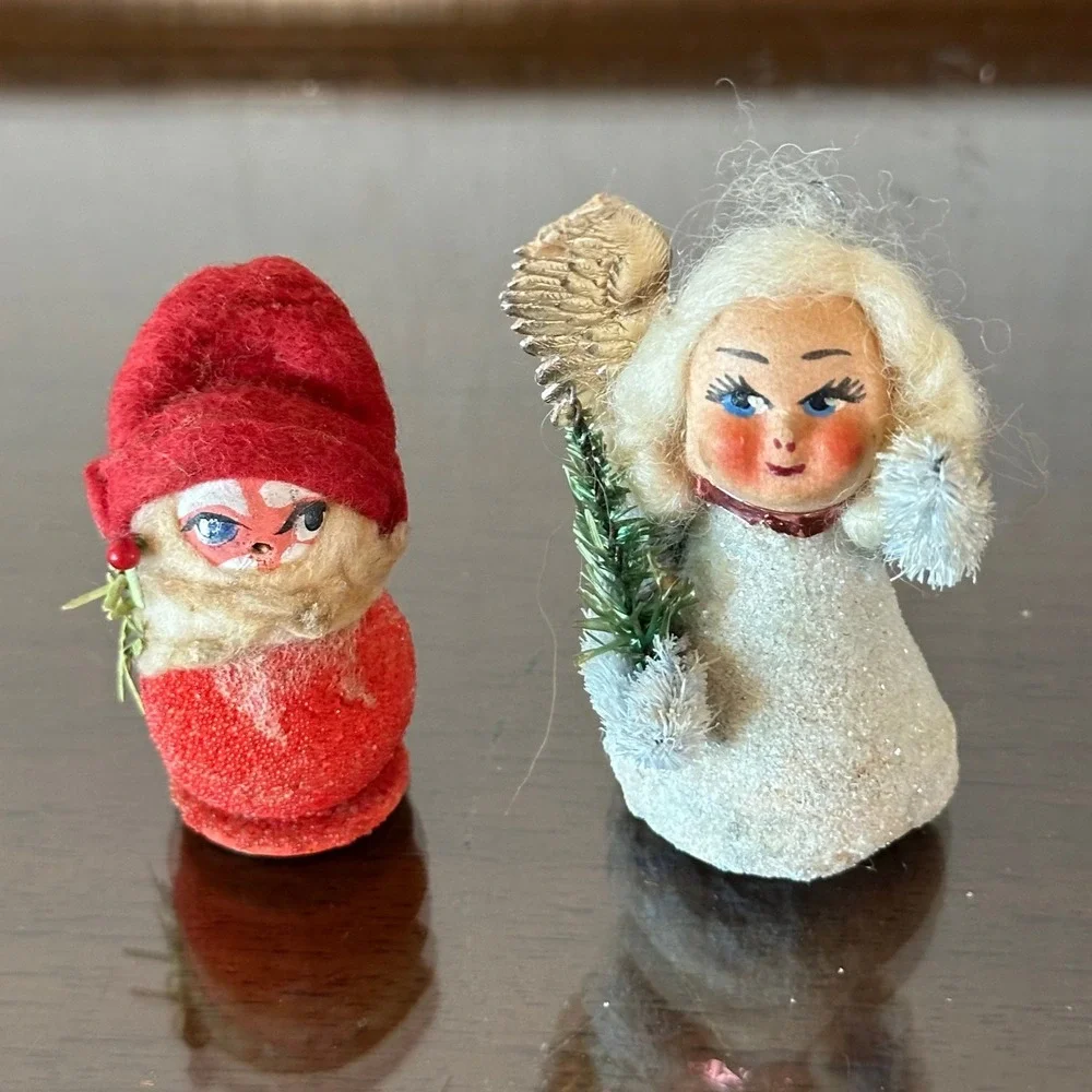 Vintage MCM Christmas Figurines Sugared Gnome Santa and Angel Japan 2pc Set